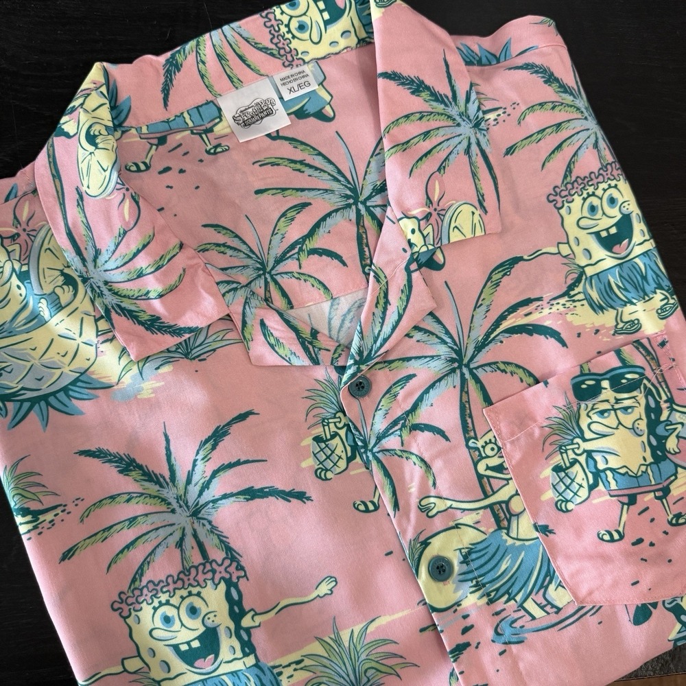 SpongeBob SquarePants‎ Sandy Patrick Mens XL Pink Hawaiian Button Up Shirt New